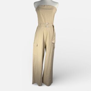 Sim & Sam Jumpsuit Women Strapless Linen Blend Wide Leg Beige Size M